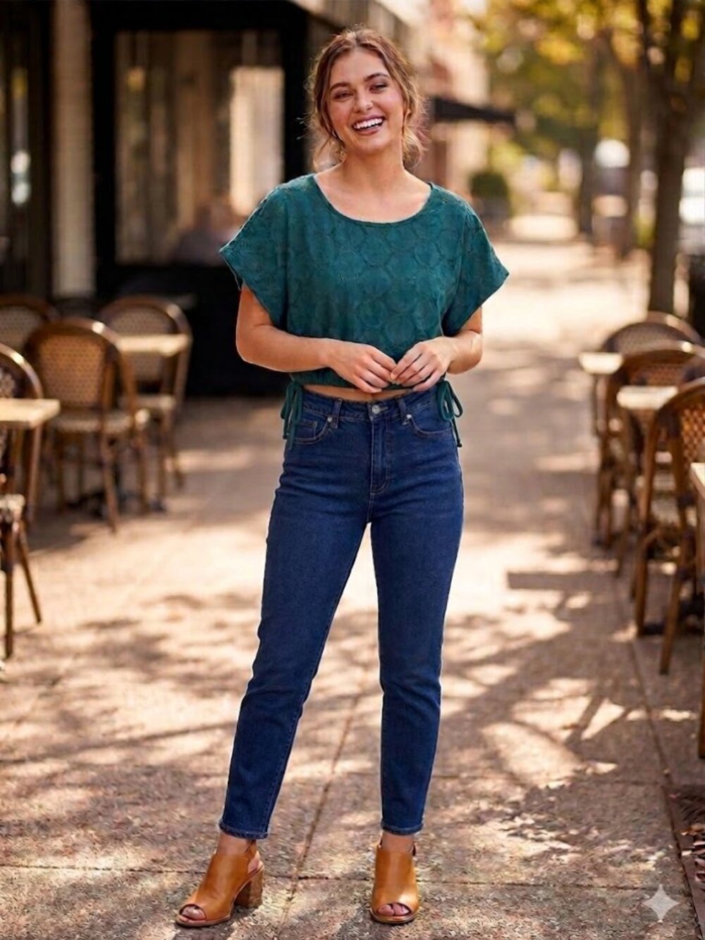 Caruso Green Embroidered Crop Top Adjustable Waist NWT